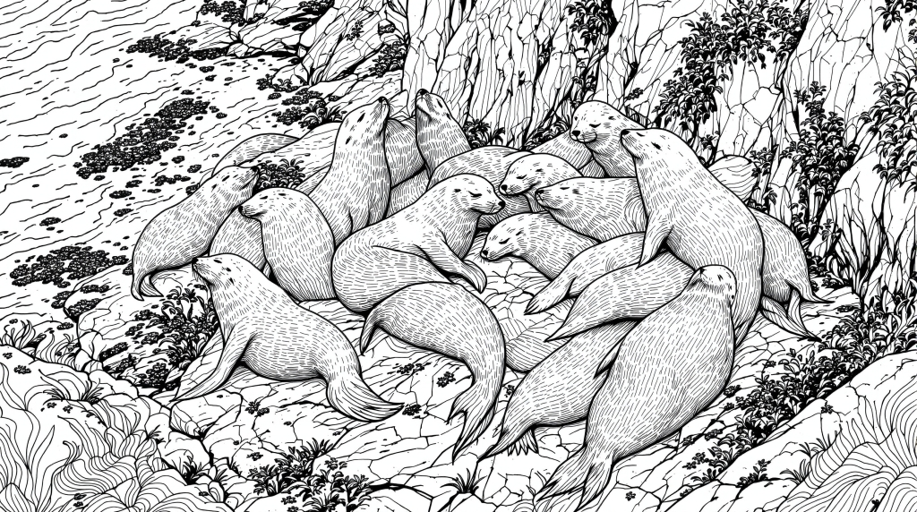 カリフォルニアアシカの塗り絵 - 岩場で休む海洋生物の精密な大人の塗り絵