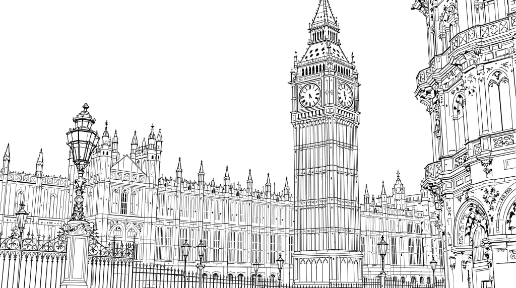 ロンドン・ビッグベンとウェストミンスター宮殿のパノラマ線画 - ヴィクトリア朝ゴシック建築の精密な大人の塗り絵イラスト