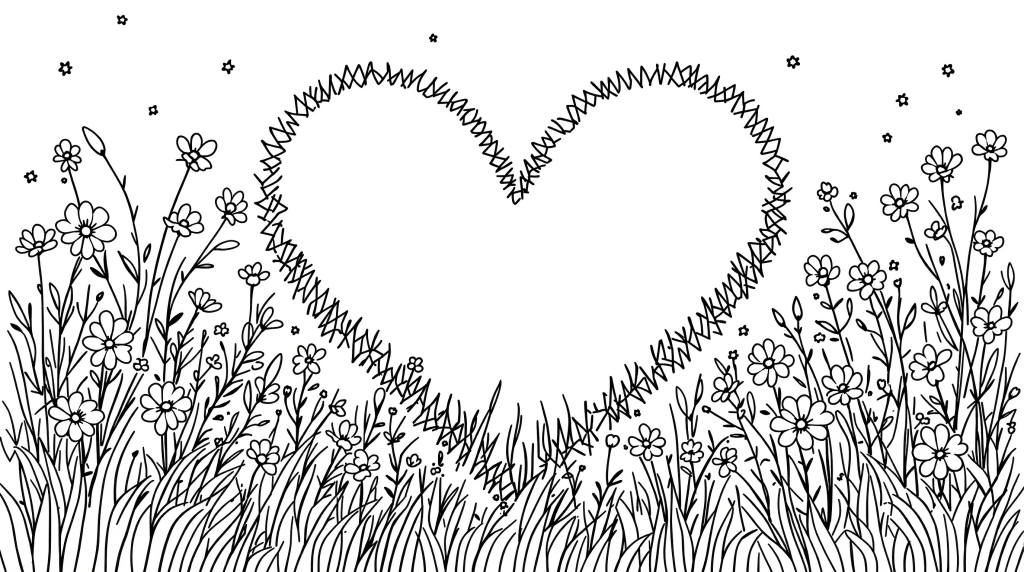 En eventyrlig eng farvelægningsside med en hjerteformet lysning fyldt med delikate vilde blomster