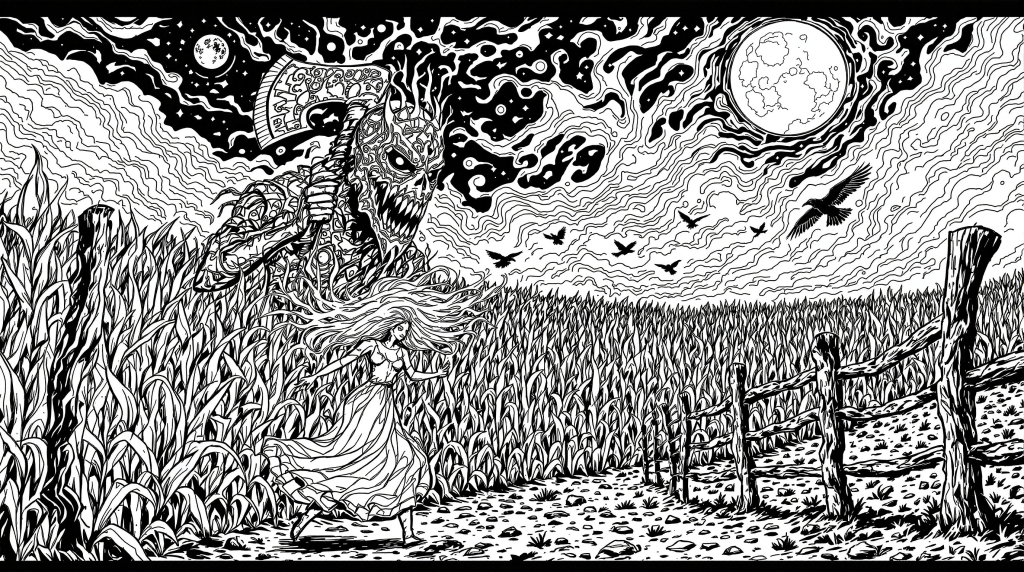 斧を持つ仮面の人物がトウモロコシ畑で女性を追いかける、恐怖のホラーシーン塗り絵