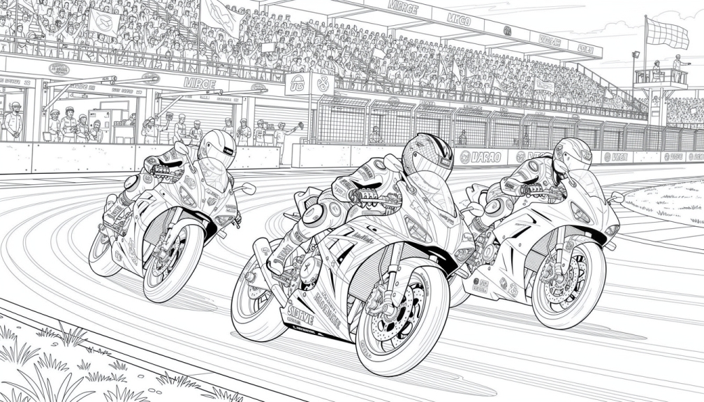 Sport bikes lean hard into a curve as thousands of fans pack the grandstands at a professional race track.