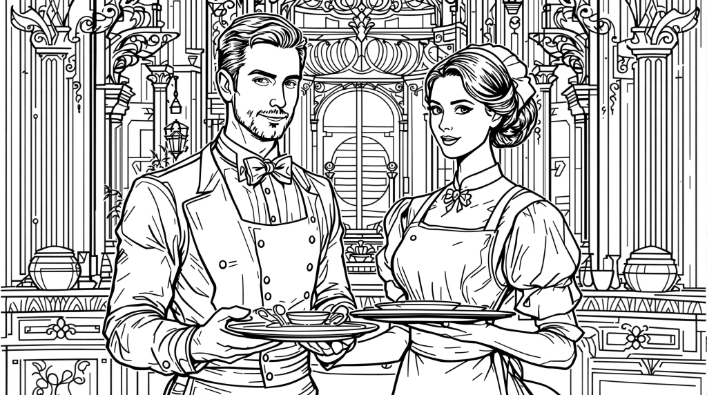 En elegant svart-vit linjekonstillustration visar en kypare och en servitris i traditionella europeiska restaurangkläder från Regency-eran.