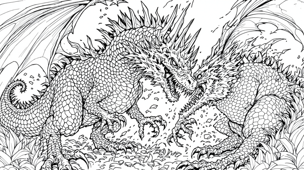 精巧な鱗と躍動感あふれるポーズが魅力的なドラゴンモンスターの塗り絵 - 大人向け白黒線画アート