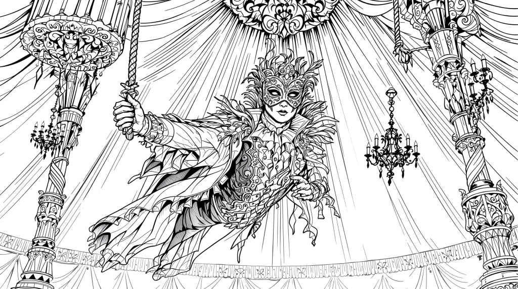 Gothic Victorian circus trapeze performance coloring page featuring a mysterious masked performer in an ornate big top tent.