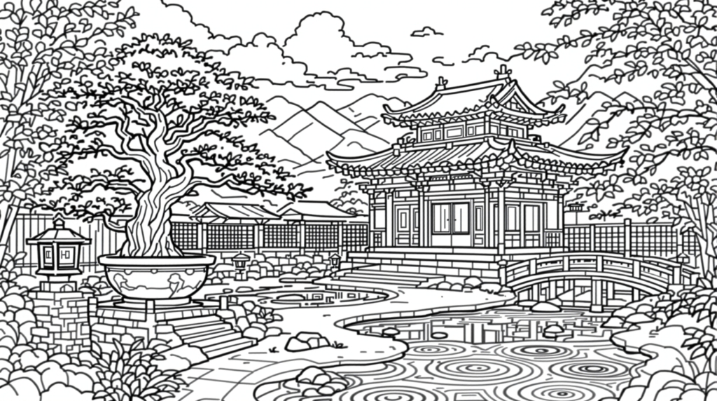 古刹と盆栽が美しい日本庭園の塗り絵 - 禅の世界を彩る大人のぬりえ