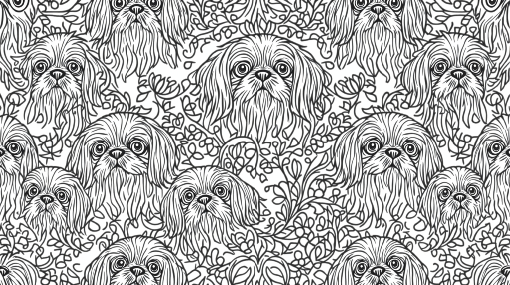 ウィリアム・モリス風のシーズー犬とアールヌーボー様式の植物柄が織りなす優美な大人の塗り絵