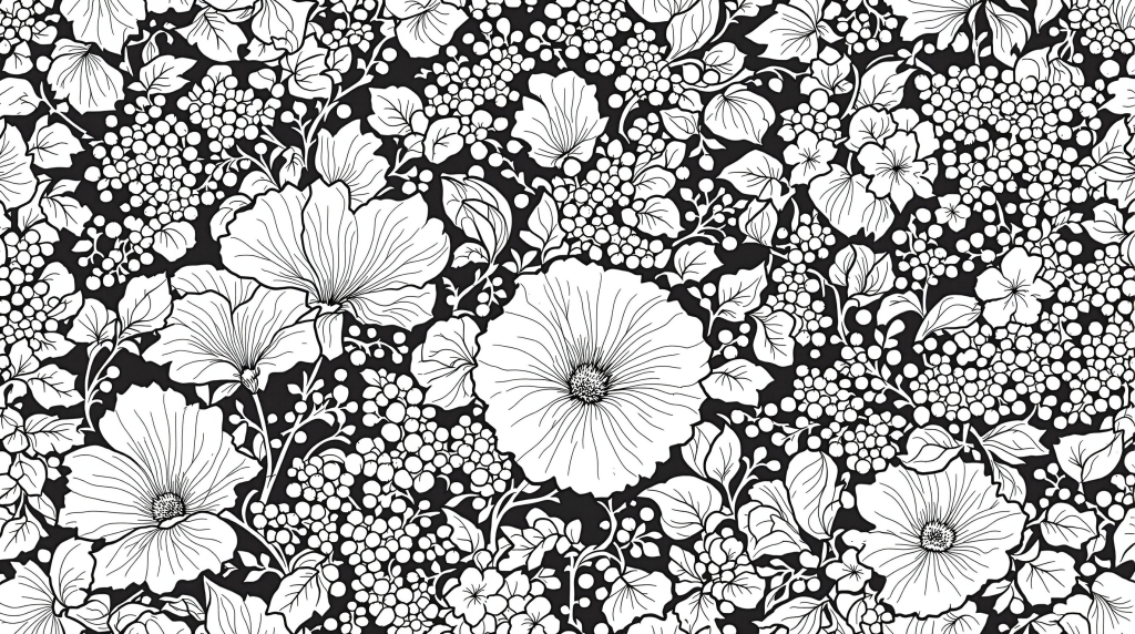 ウィリアム・モリス風 スイートピーとブルーベリーの優雅な大人の塗り絵 - 精密な植物画デザイン