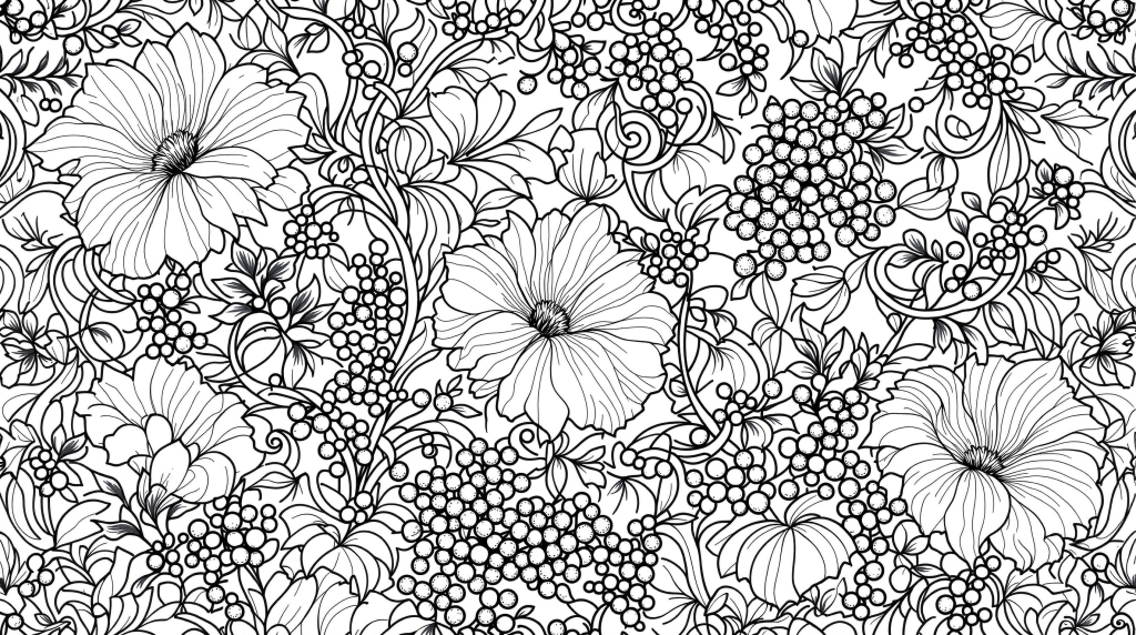 ウィリアム・モリス風スイートピーとブルーベリーの塗り絵 | アールヌーボー様式の優雅なボタニカルデザイン