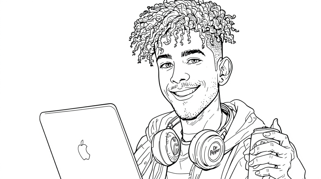 カーリーヘアとイヤホンをつけた現代的な若い男性がノートパソコンで作業しながらドクターペッパーを楽しむ塗り絵