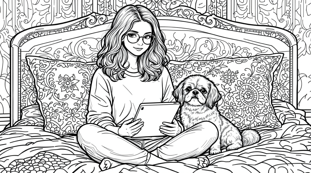 茶髪の女の子がベッドでiPadとシーズー犬と一緒にくつろぐ塗り絵