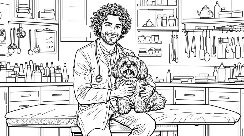 巻き毛の優しい獣医師が診察台でシーズー犬を診察する塗り絵
