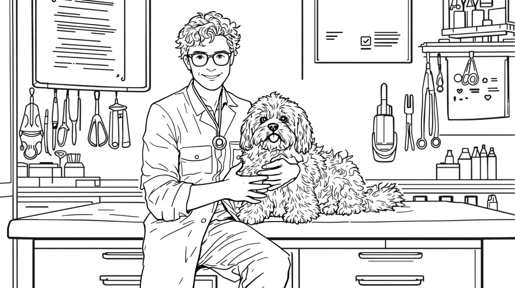 優しい獣医師が愛らしいシーズー犬を抱きかかえる診察シーン - 金髪カールヘアの先生と幸せな子犬