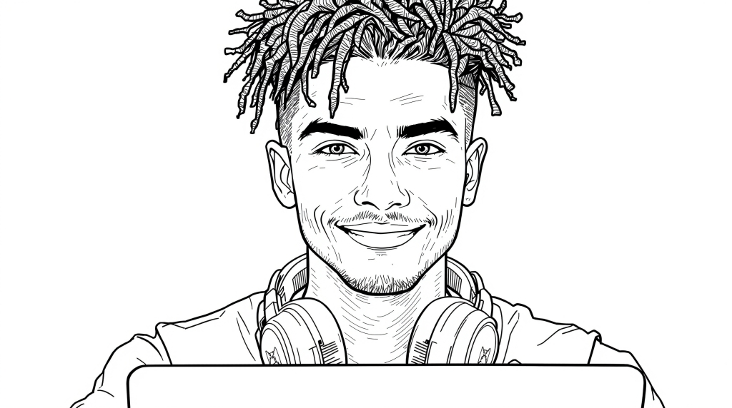 カーリーヘアとヘッドホンをつけた若い男性の魅力的なポートレート塗り絵