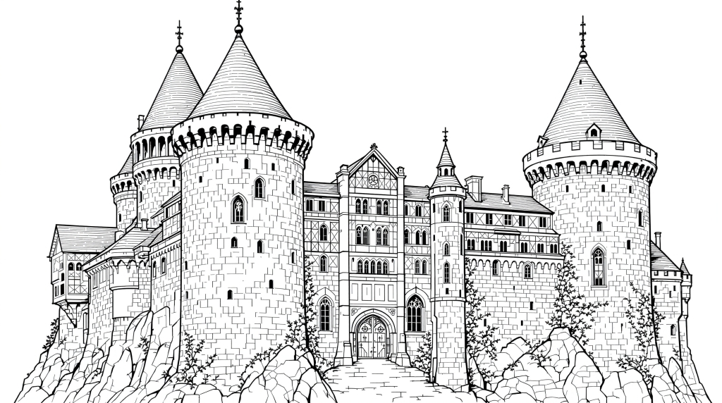 フランスの壮麗なヴィトレ城を描いた精密な中世の塗り絵