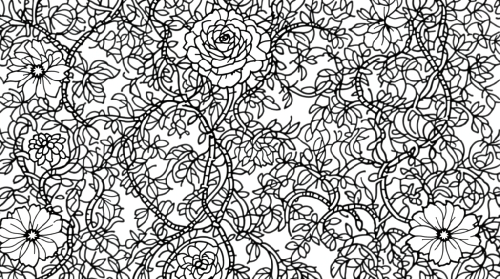 ウィリアム・モリス風の優雅な塗り絵 - 黄色いバラと紫のクレマチスが絡み合うアールヌーボーデザイン