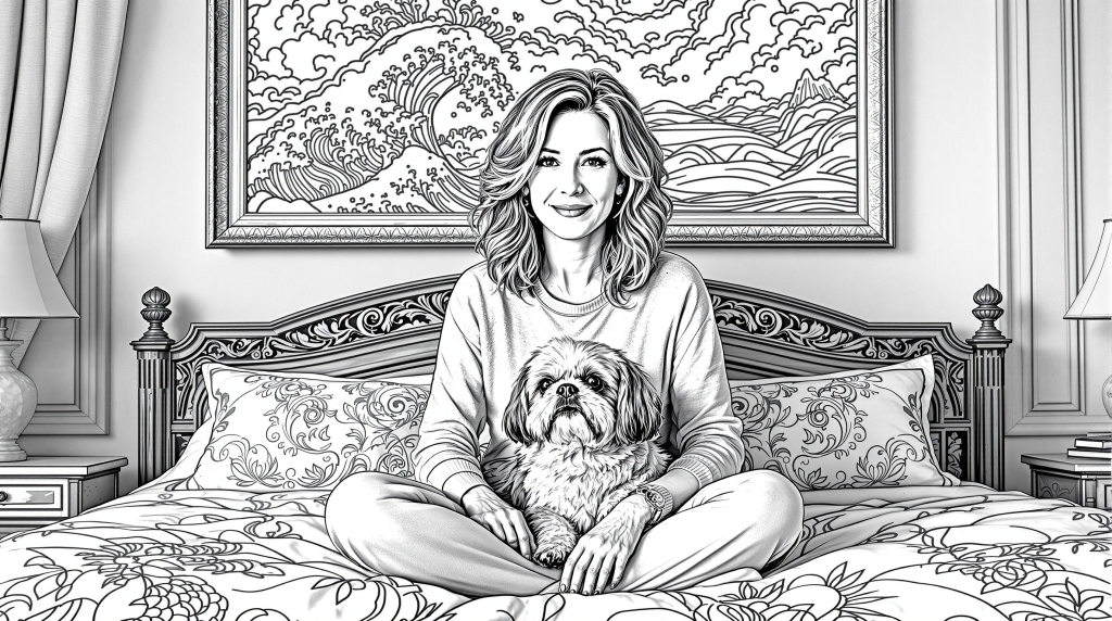 シーズーと寛ぐ母親のぬり絵 - ベッドルームのほのぼのシーン、海の絵が飾られた背景付き