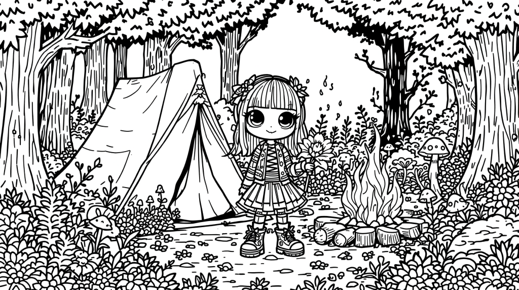 可愛い森ガールとキャンプのぬりえ - カワイイエモ系イラストで大人の塗り絵を楽しもう