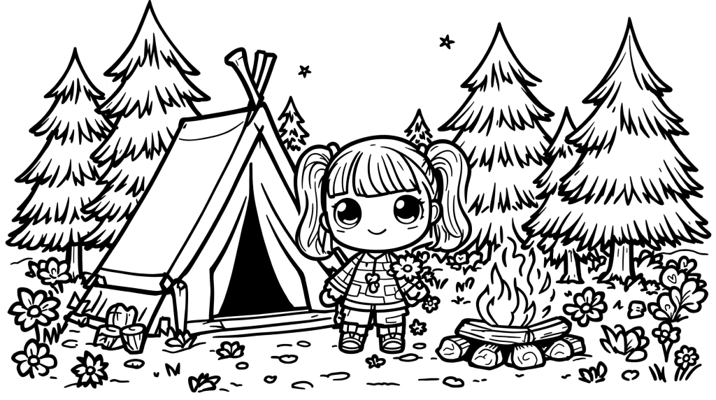 森の中でキャンプする可愛いカワイイエモガールの塗り絵ページ