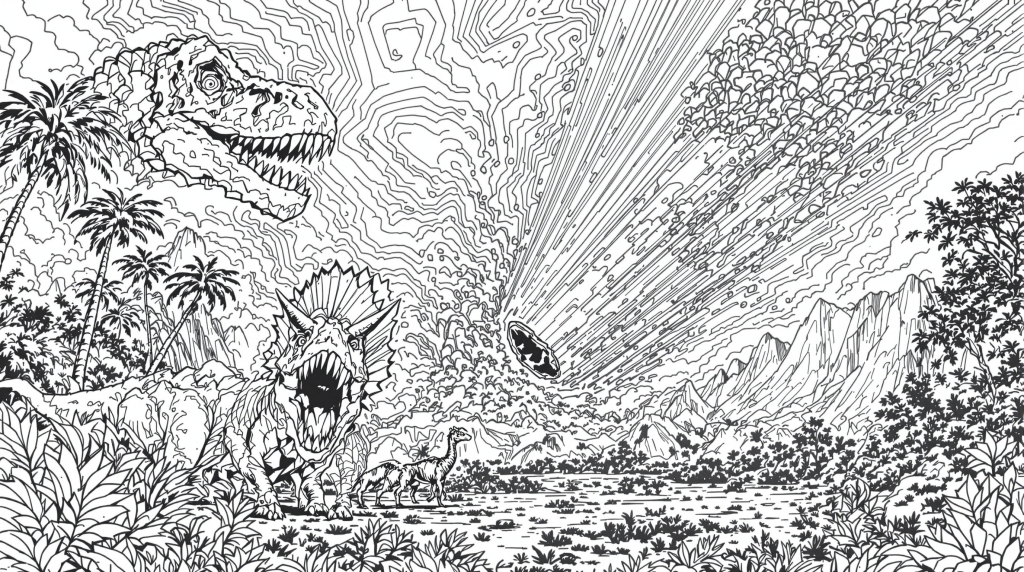 恐竜絶滅の瞬間を描いた隕石衝突の塗り絵 - 精密な先史時代の風景とティラノサウルスを収録した大人向け線画