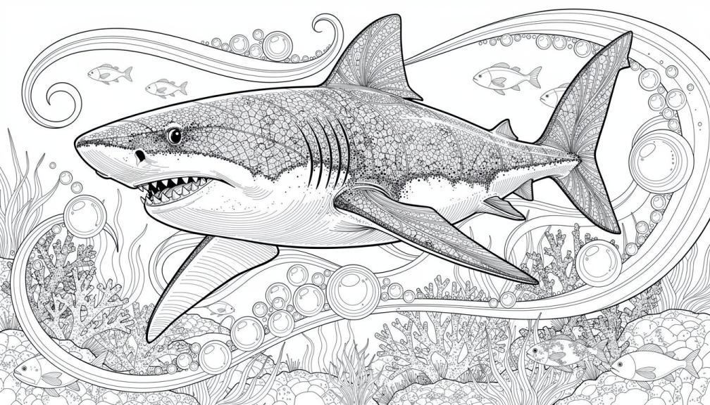 En mycket detaljerad realistisk vithaj-målarbok innehåller intrikata anatomiska detaljer inom en dekorativ ram inspirerad av jugend.