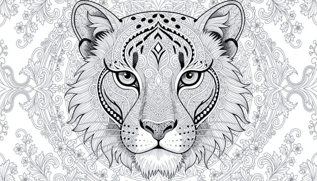 Uma página de colorir com rosto de leopardo-das-neves altamente detalhado com padrões manchados intrincados e elementos decorativos barrocos ornamentados.