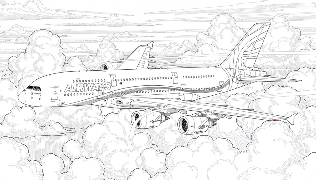 A highly detailed Airbus A380 aircraft flying through billowing clouds in an intricate black and white coloring page designed for advanced colorists.
