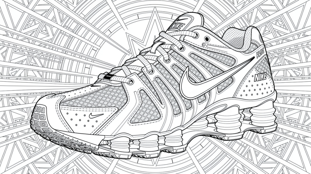 Nike Shox R4 sneakers float in a geometric sunburst pattern.
