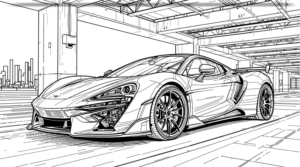 A detailed McLaren-inspired hypercar coloring page featuring a supercar in a luxury parking garage with intricate mechanical details.