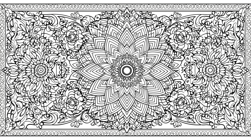 横長フローラルマンダラ塗り絵 - 精緻なバラと植物モチーフの左右対称デザイン