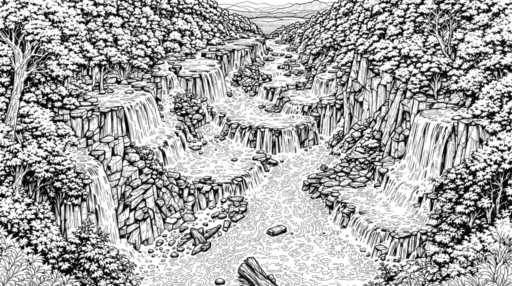 迫力ある渓谷を流れる壮大な滝の緻密な大人の塗り絵 - 森林と渓流の精密線画