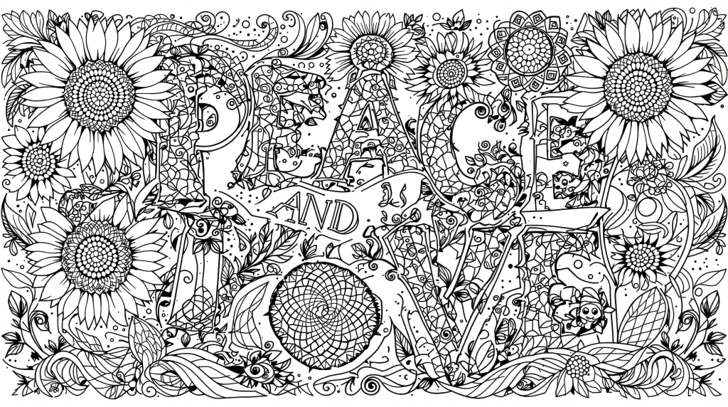 「PEACE AND LOVE」のレタリングとひまわり、子ガメが描かれた緻密な大人の塗り絵