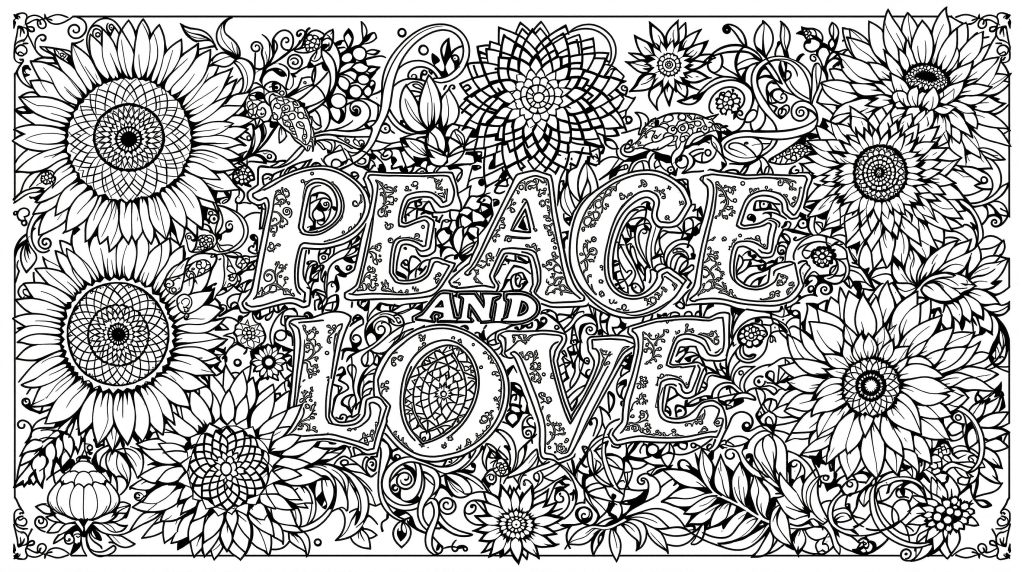 ひまわりと植物モチーフが美しい「PEACE AND LOVE」の大人の塗り絵 - 繊細な装飾文字デザイン
