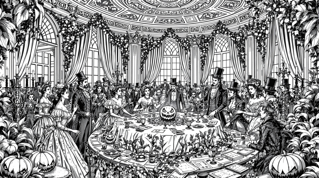En udførlig viktoriansk England Halloween-fest farvelægningsside med elegante gæster i periodetøj omgivet af høstgresskar.
