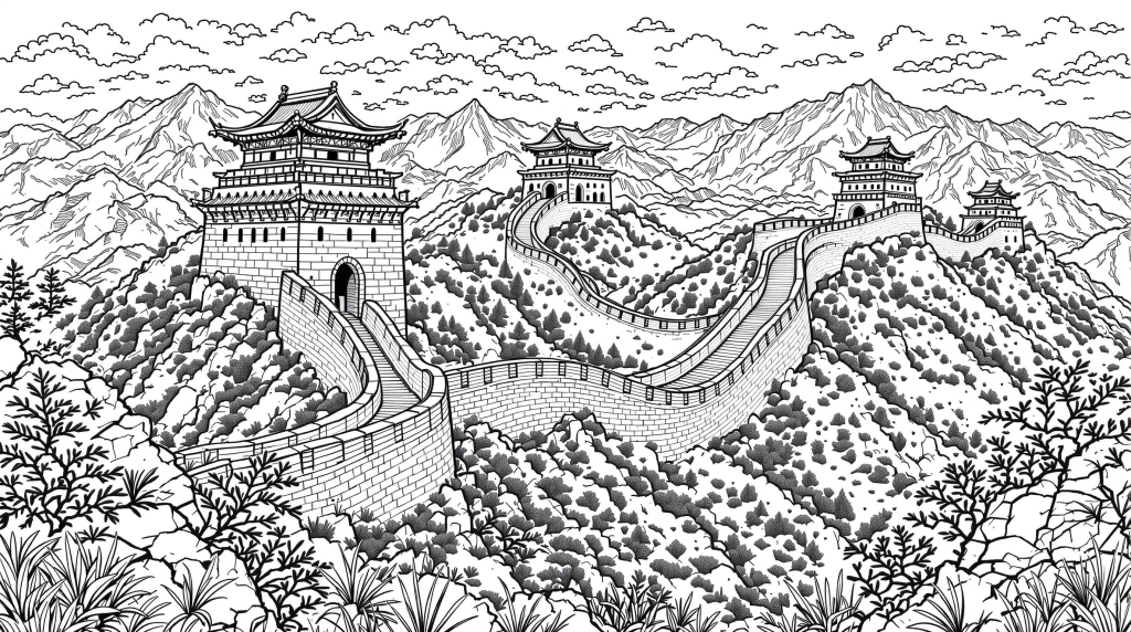 万里の長城の壮大なパノラマ塗り絵 - 山々を蛇行する長城と見張り台の精密な線画