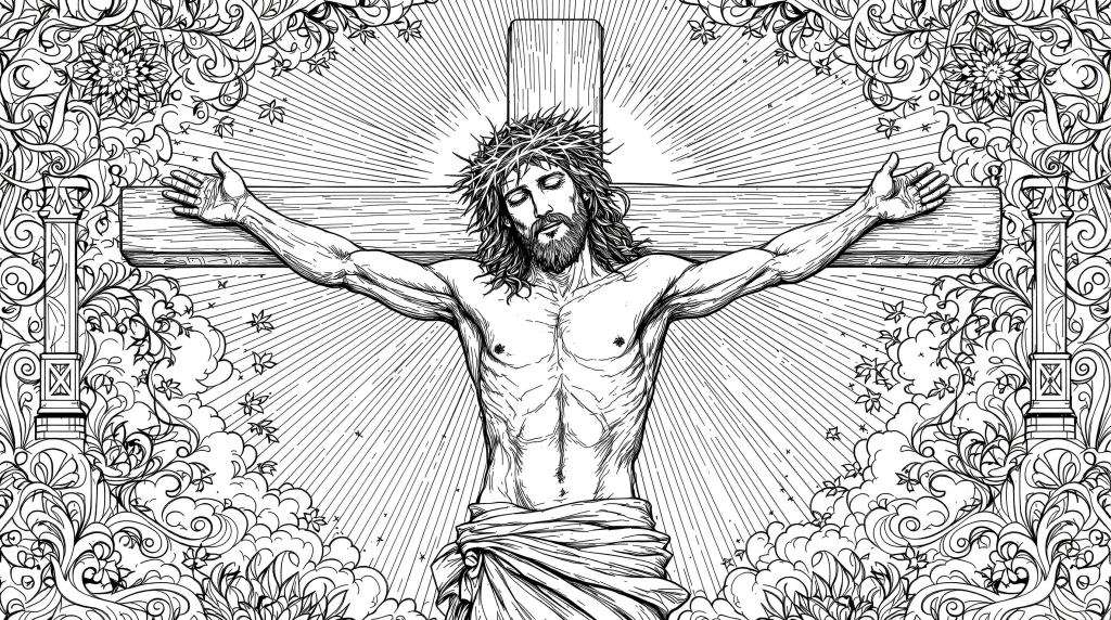 十字架上のイエス・キリスト 大人の塗り絵 - 精緻な装飾枠付き宗教画風デザイン