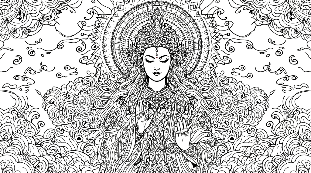 A divine goddess coloring page featuring intricate South Asian religious iconography with elaborate mandala patterns and celestial motifs.