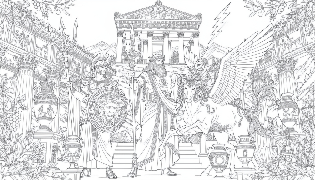 An intricate Greek mythology coloring page featuring Mount Olympus, Zeus, Athena, Poseidon, Medusa, and Pegasus with elaborate architectural details.