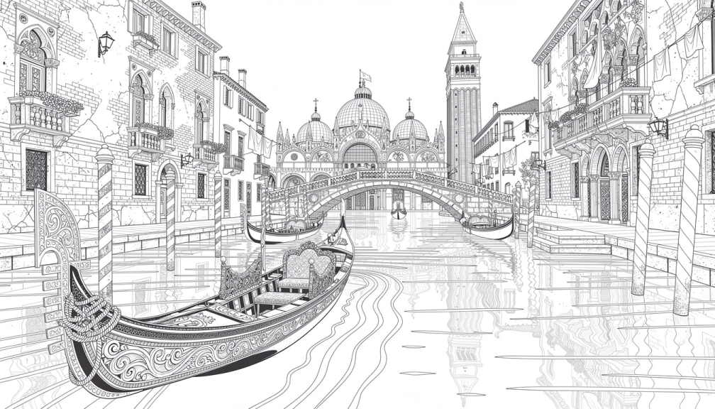 A gondola floats through a Venetian canal with St. Mark's Basilica rising in the distance.