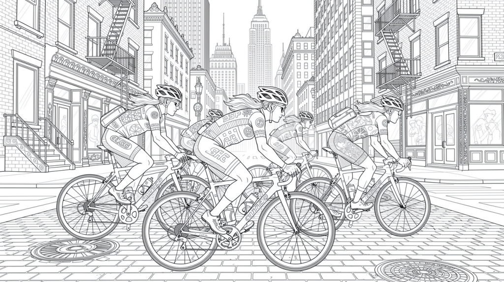 Three cyclists race through Manhattan streets with the Empire State Building towering behind them.