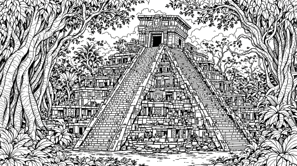 熱帯雨林に佇む壮大なマヤ文明のピラミッド - 精緻な石造建築が美しい大人の塗り絵