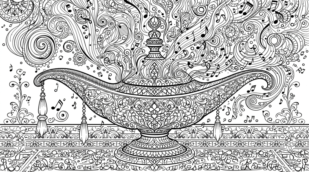 音符が流れる魔法のランプの塗り絵 - アラビア風唐草模様の大人向け繊細デザイン
