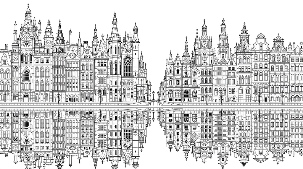 水面に映り込む精緻な建築物の街並み - 大人の塗り絵