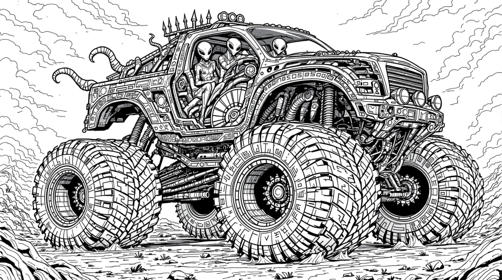 An intricate coloring page featuring alien beings piloting a massive six-wheeled monster truck with biomechanical details.
