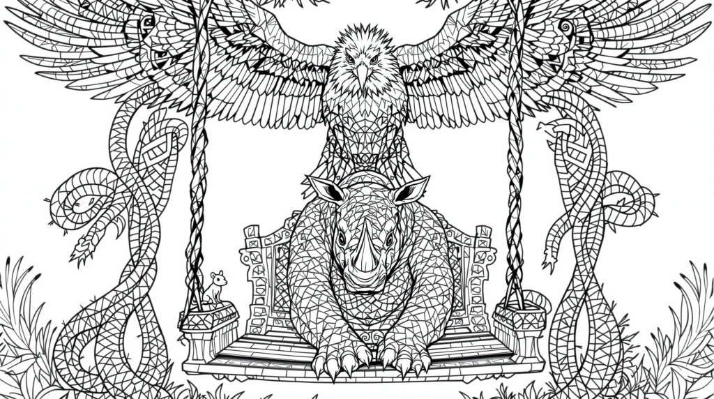 A majestic dragon sits on an ornate throne with serpentine columns while a magnificent eagle soars above in this intricate coloring page.