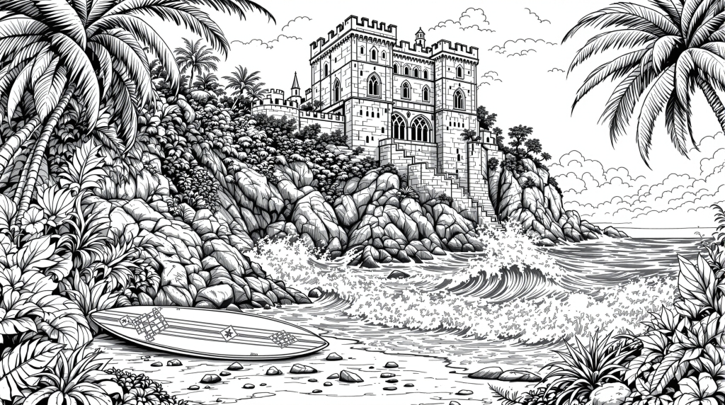 崖の上に建つイングランド風古城とトロピカルビーチの大人の塗り絵 - 中世の城と南国リゾートの精密な塗り絵ページ