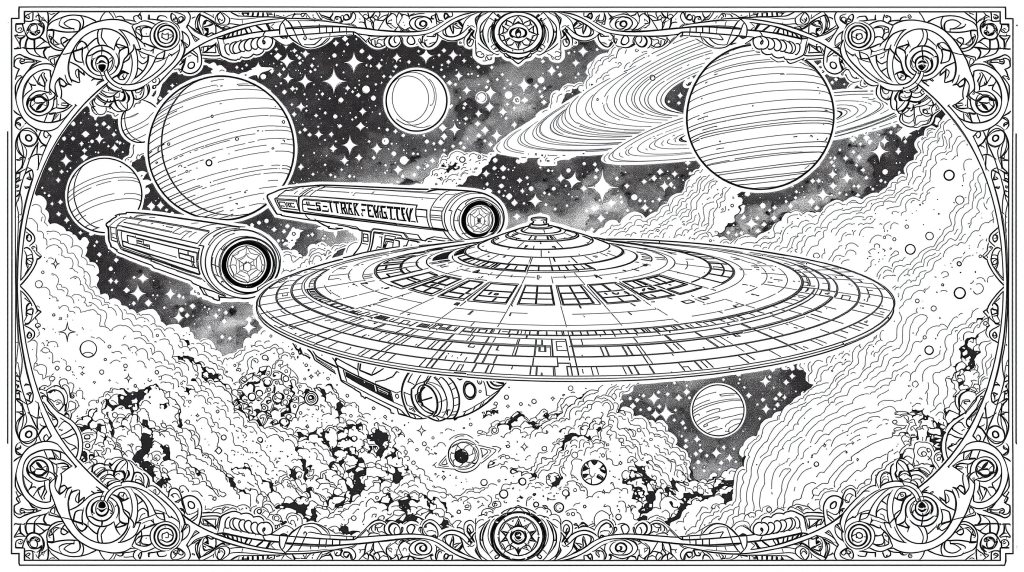 スタートレック宇宙船の塗り絵 - 精密な線画と華麗な装飾枠付き大人向けコロリアージュ