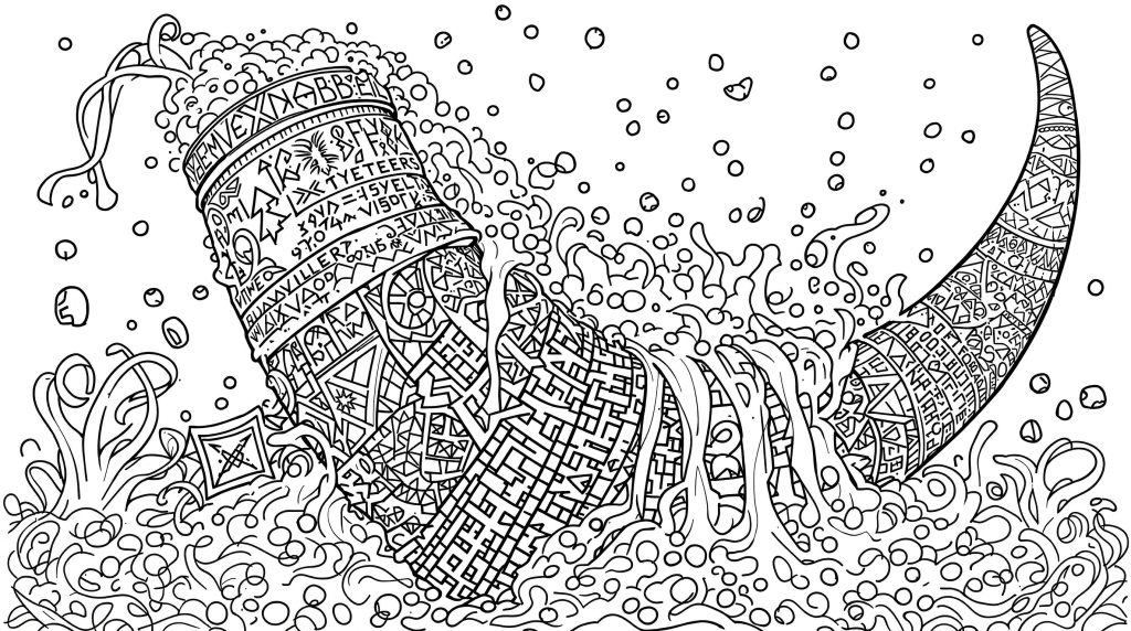 精巧な北欧文様が美しいヴァイキングの角杯ぬりえ - あふれるビールの泡を描いた大人の塗り絵