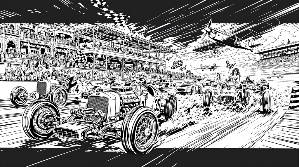 A spectacular vintage racing coloring page showcases classic cars and aircraft in an action-packed scene with intricate details.