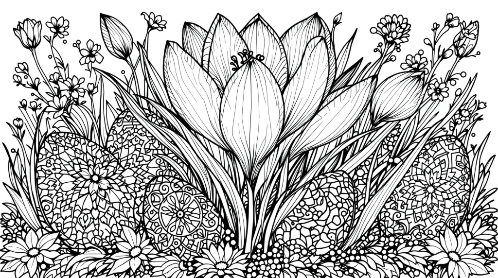 蓮の花とチューリップが美しいボタニカルガーデンの大人の塗り絵 - 繊細な春の花々を描いた精密な線画