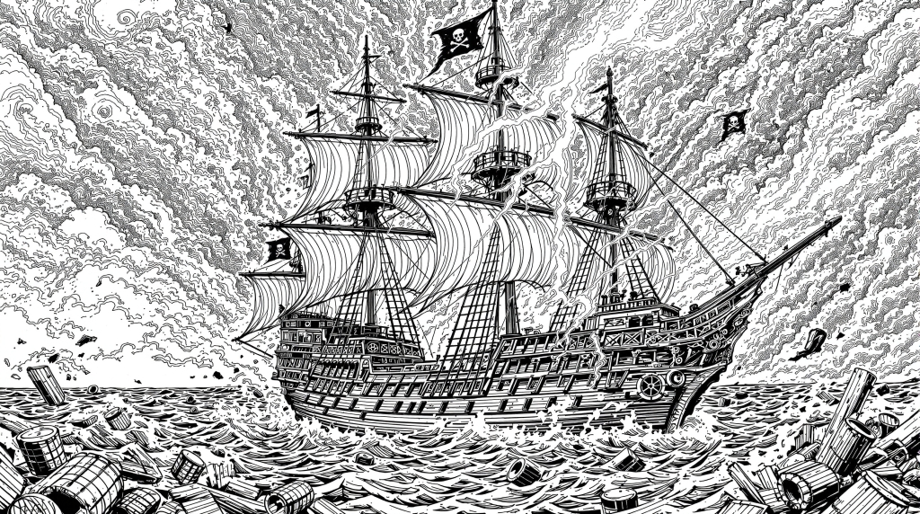 A dramatic pirate ship coloring page featuring an explosive scene with turbulent ocean waves and multiple Jolly Roger flags.